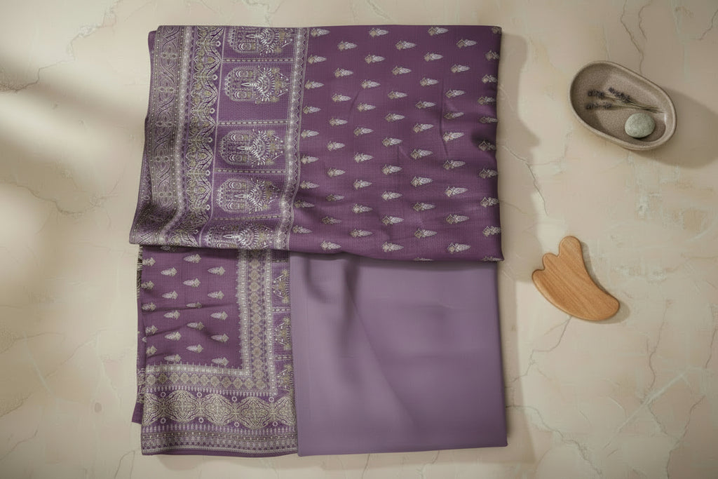 Purple fabric with intricate white and gold patterns